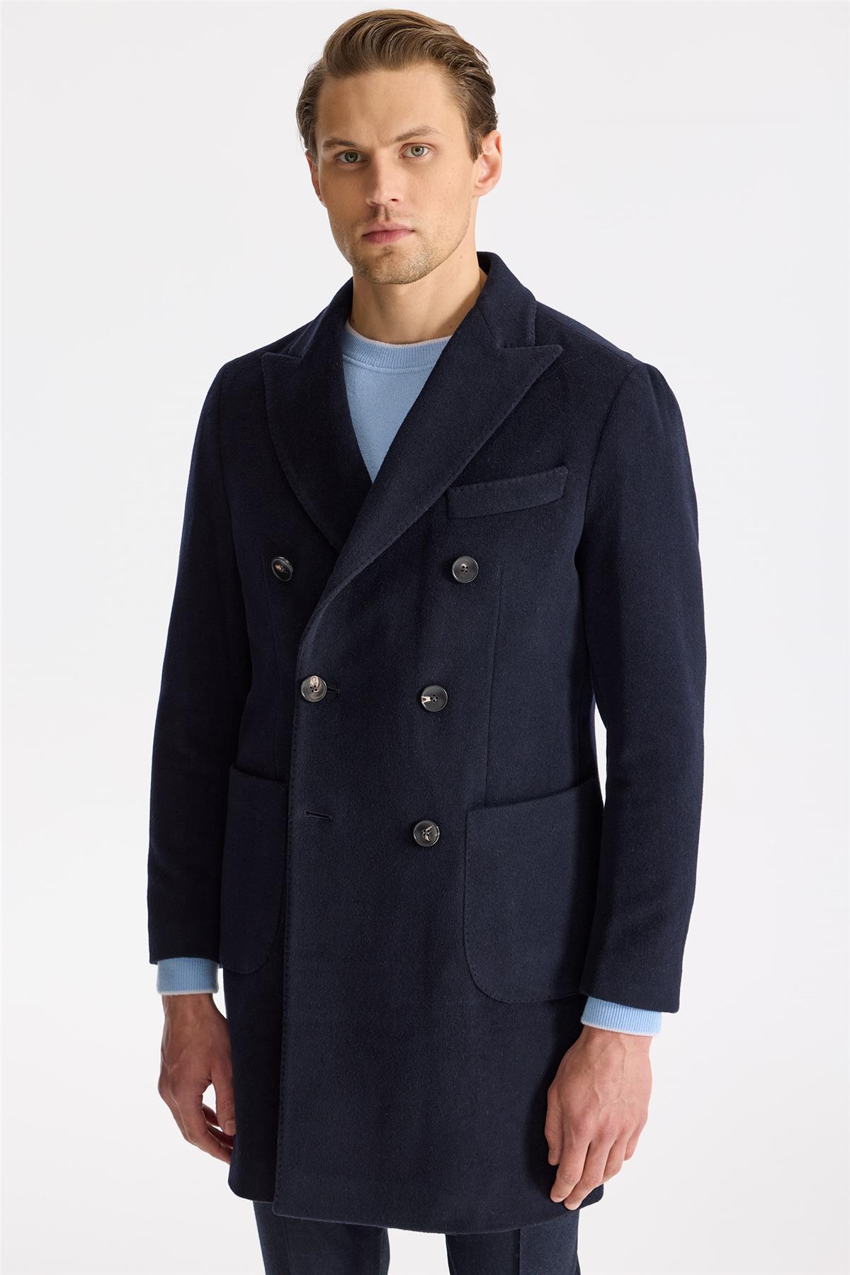 Lacivert Kruvaze Yün Kaşmir Palto