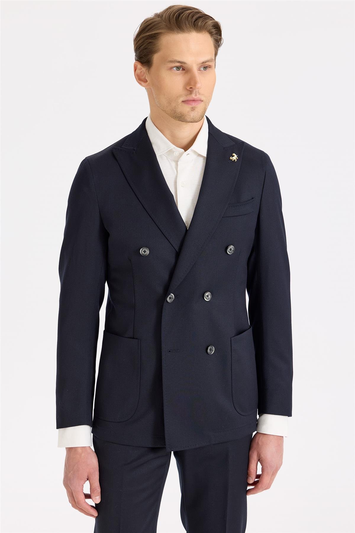 Lacivert Kruvaze Yün Takım Elbise 