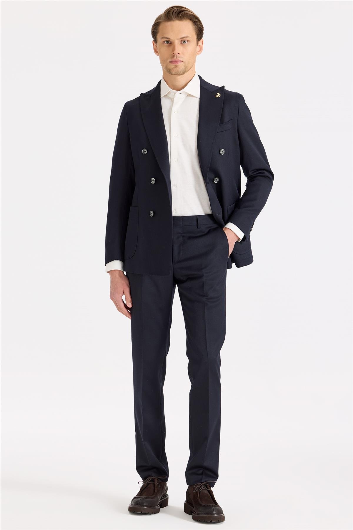 Lacivert Kruvaze Yün Takım Elbise 