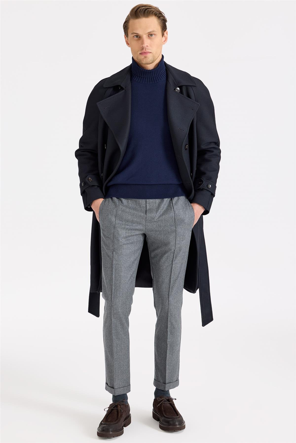 Lacivert Kruvaze Yün Teknik Palto