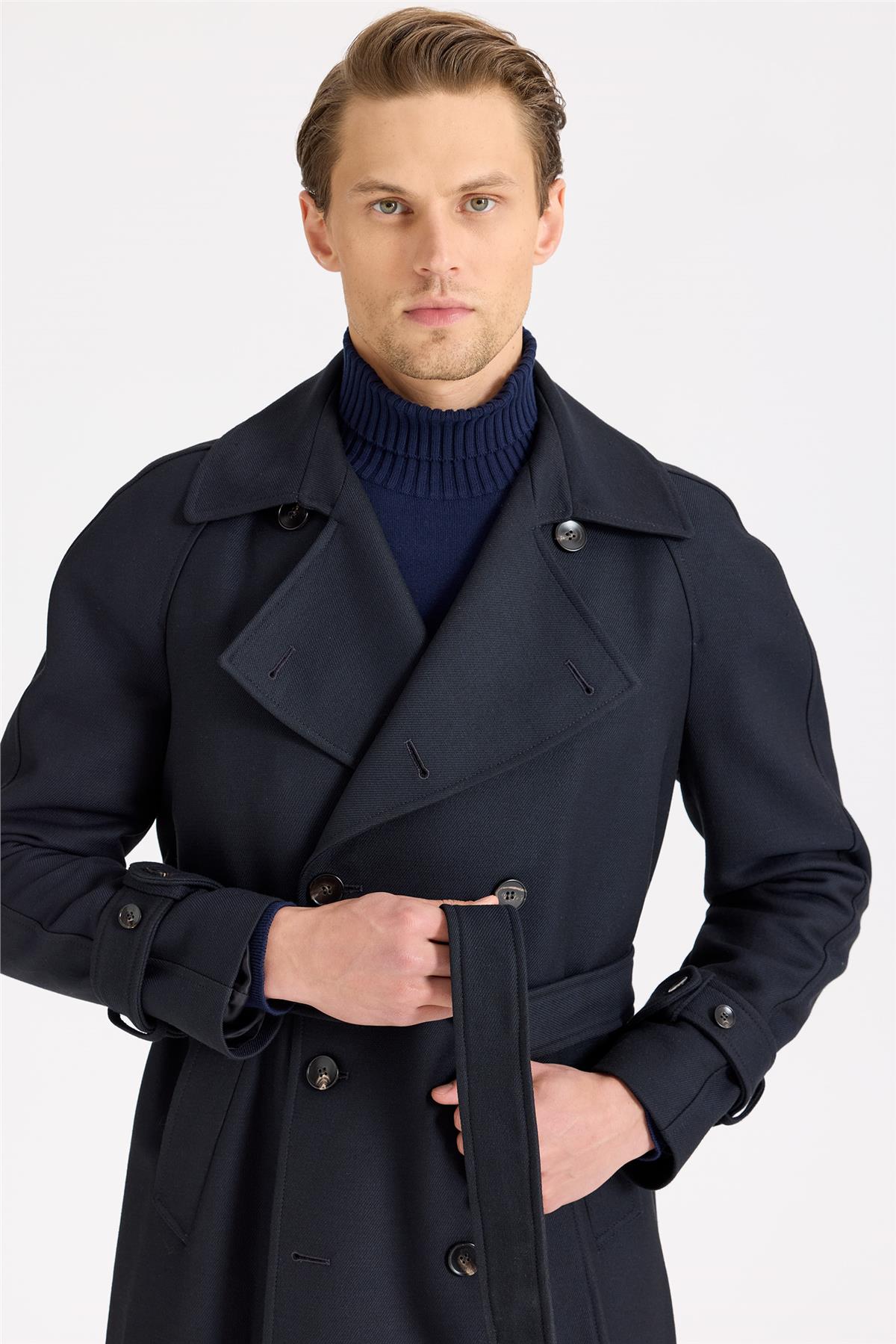 Lacivert Kruvaze Yün Teknik Palto