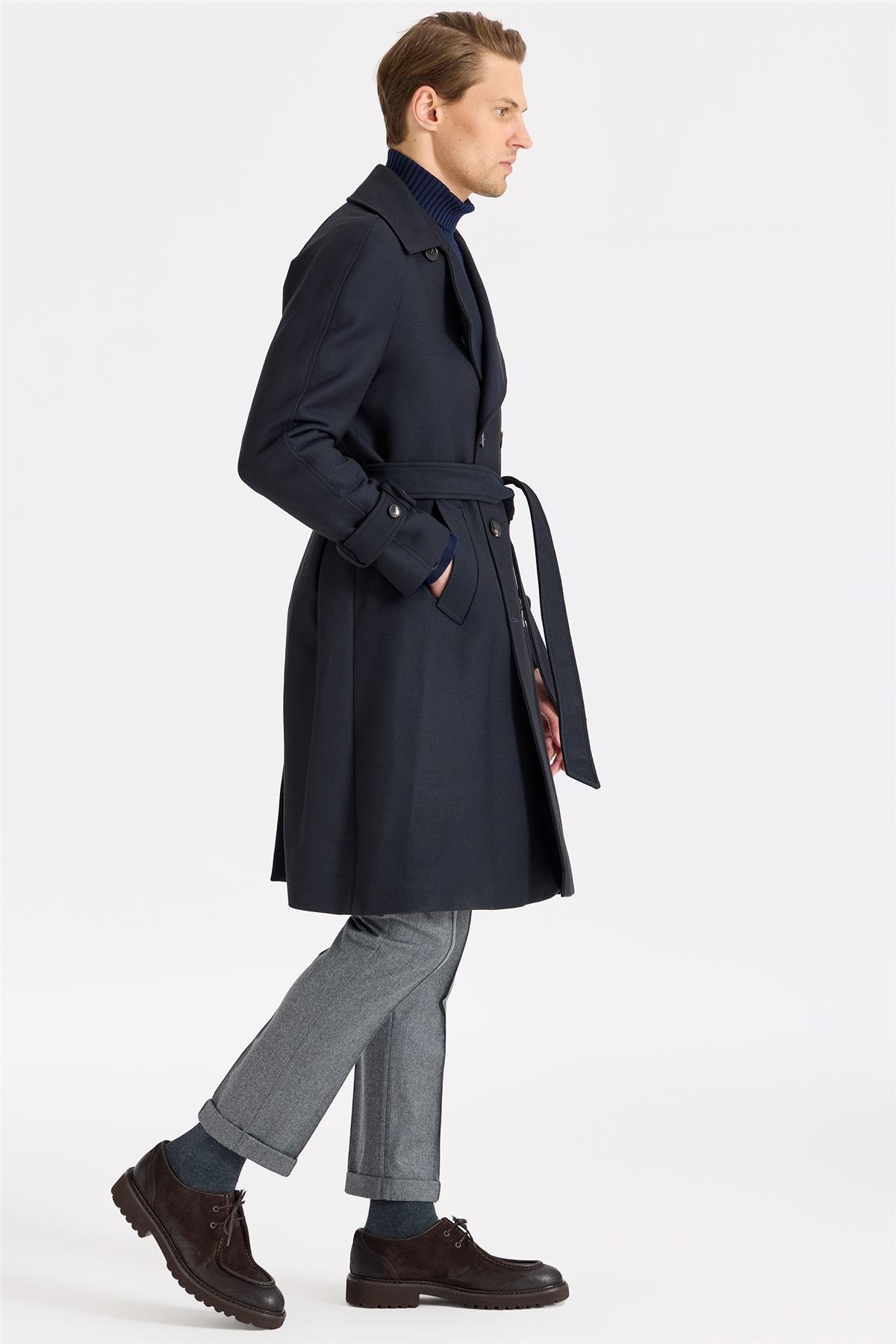 Lacivert Kruvaze Yün Teknik Palto