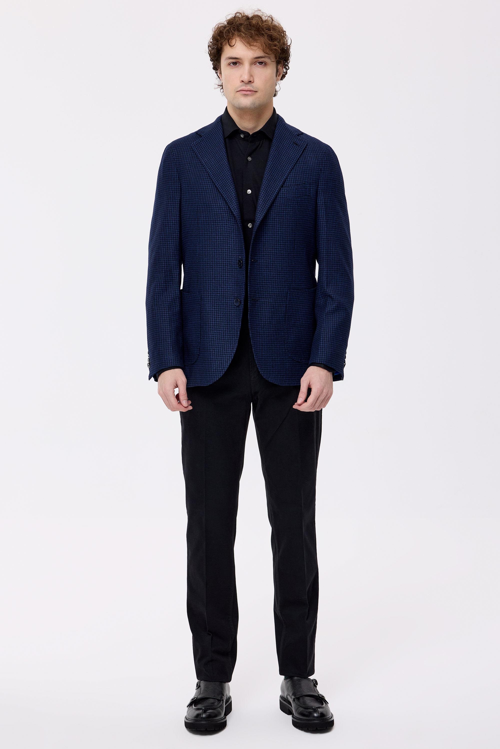 Lacivert Mavi Kareli Yün Kaşmir Ceket