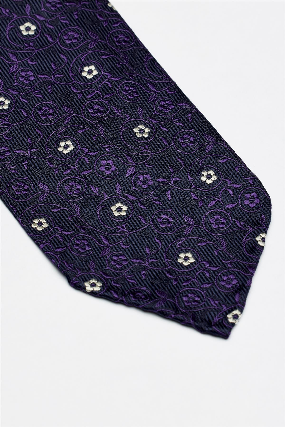 Lacivert Mor Beyaz Çiçek Desenli Astarsız İpek Kravat