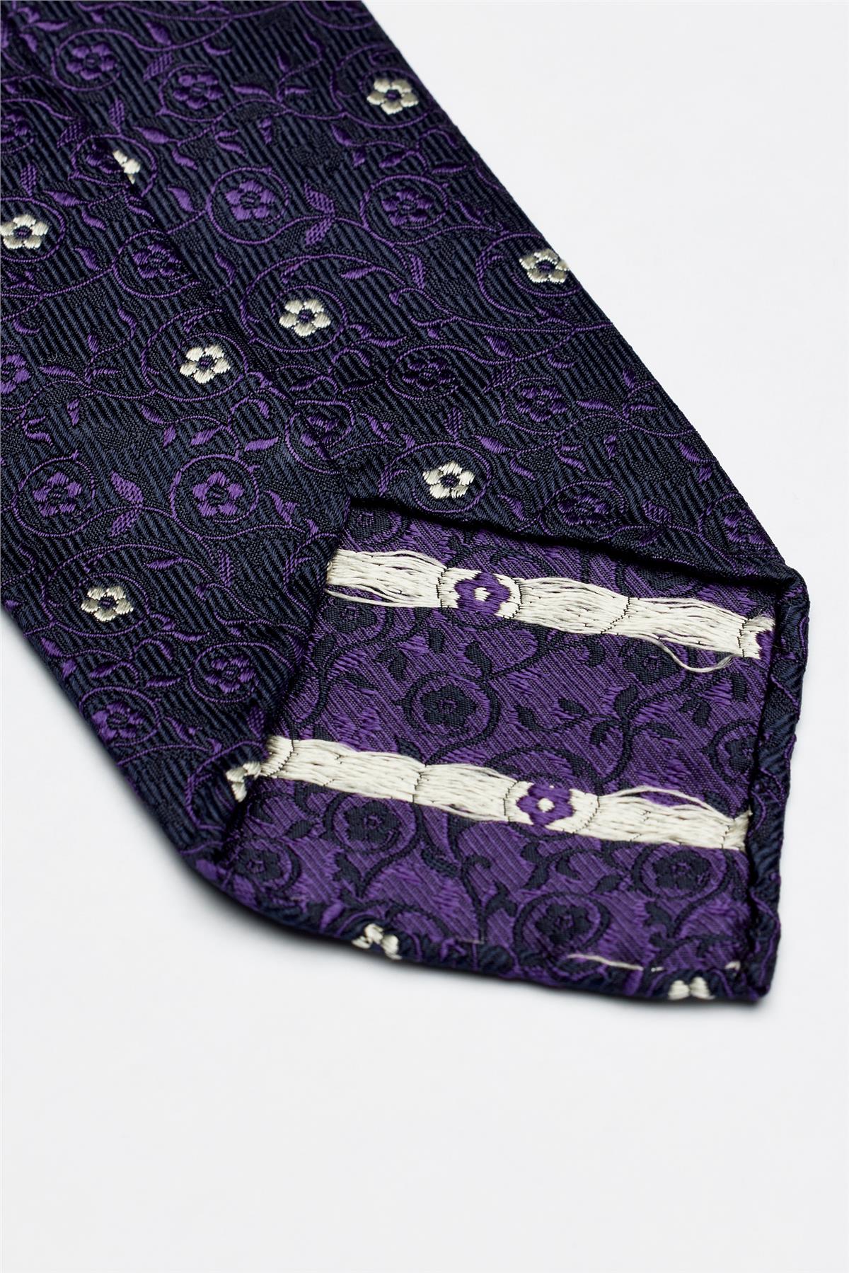 Lacivert Mor Beyaz Çiçek Desenli Astarsız İpek Kravat