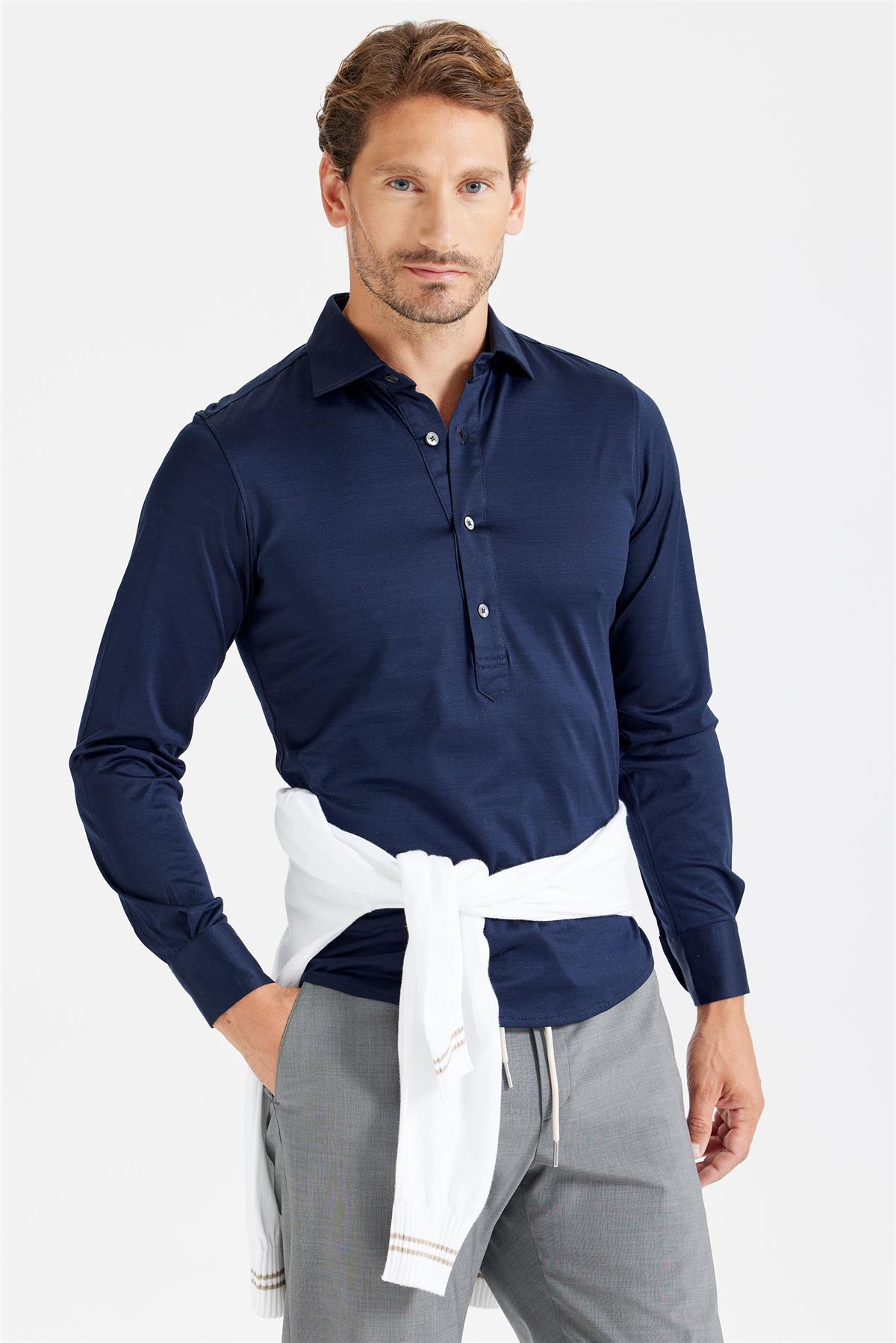 Lacivert Pamuk Merserize Gömlek