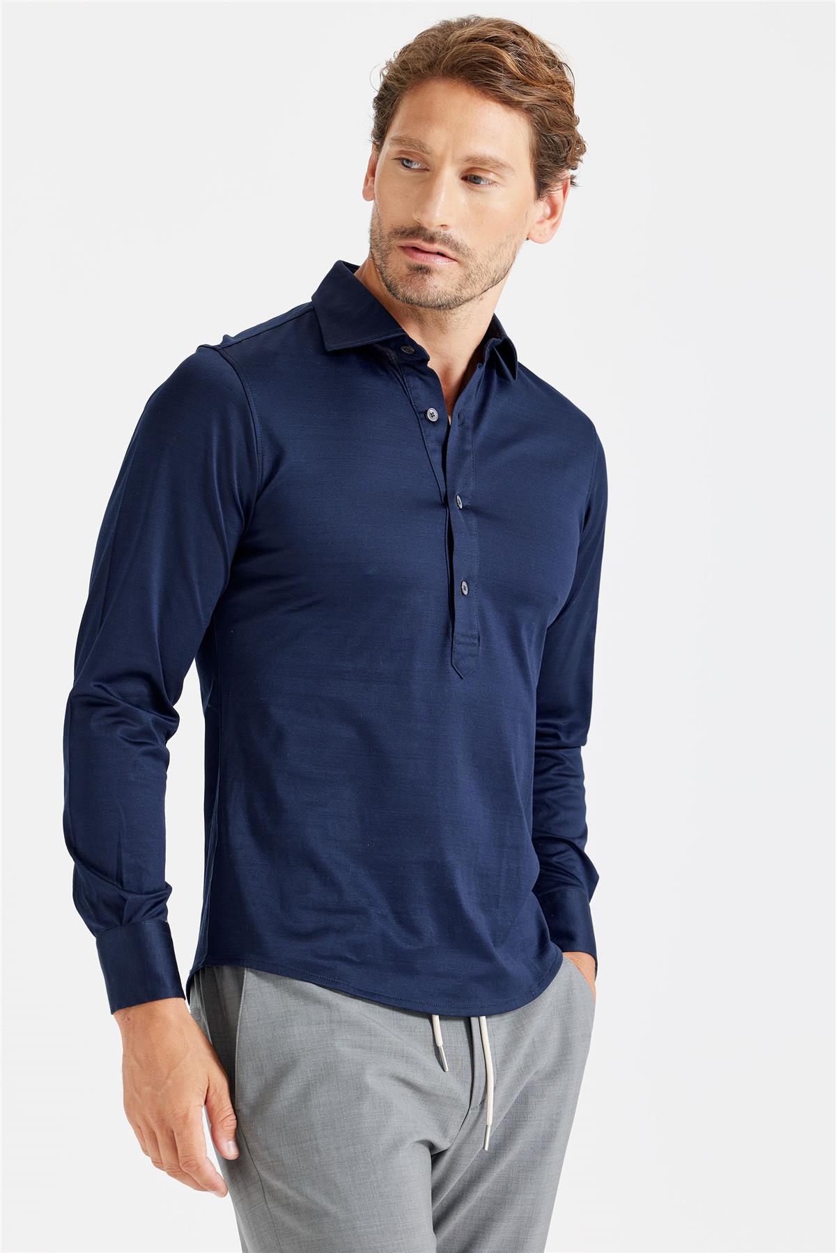 Lacivert Pamuk Merserize Gömlek