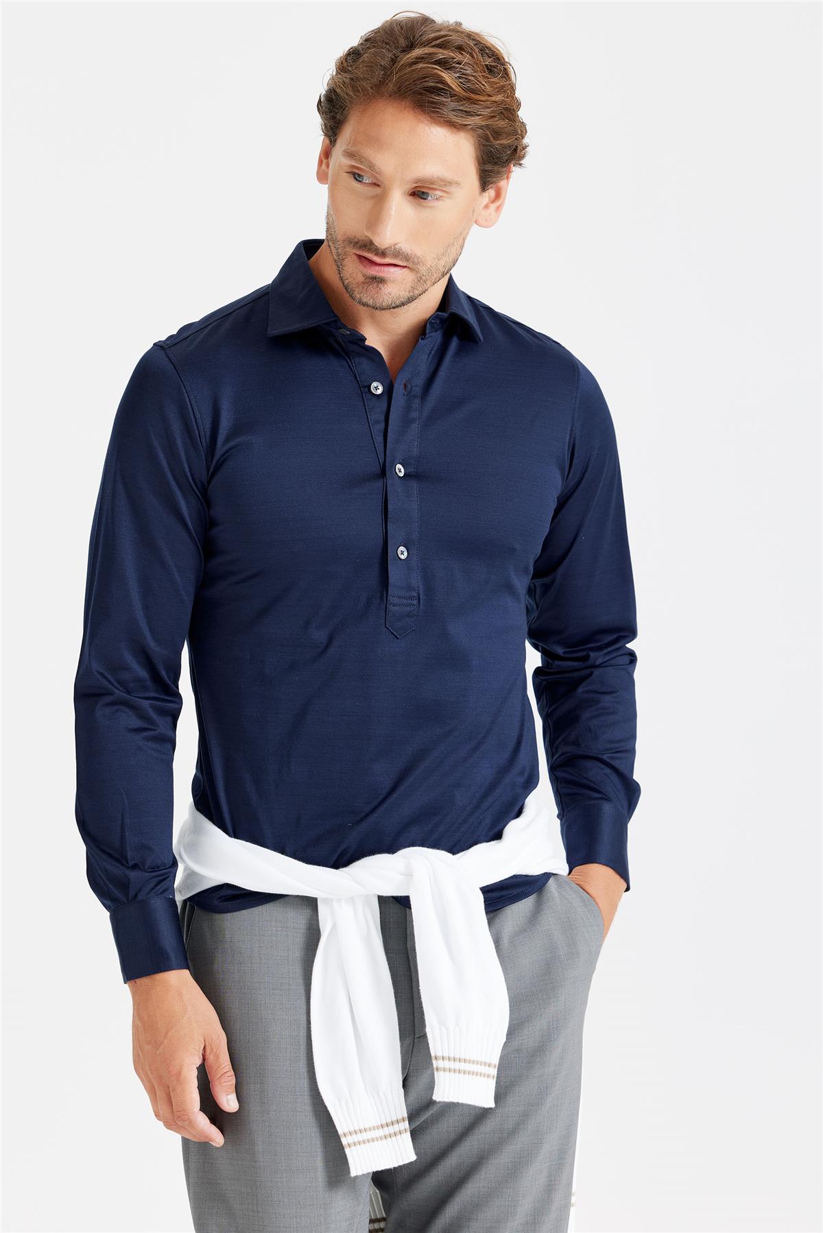 Lacivert Pamuk Merserize Gömlek