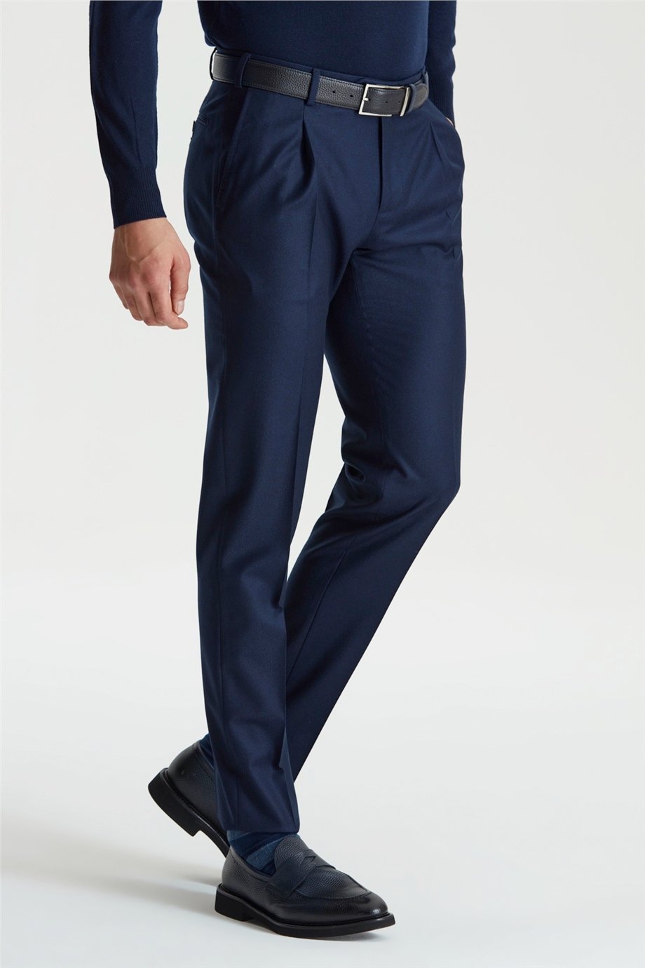 Lacivert Pileli Yün Flanel Pantolon