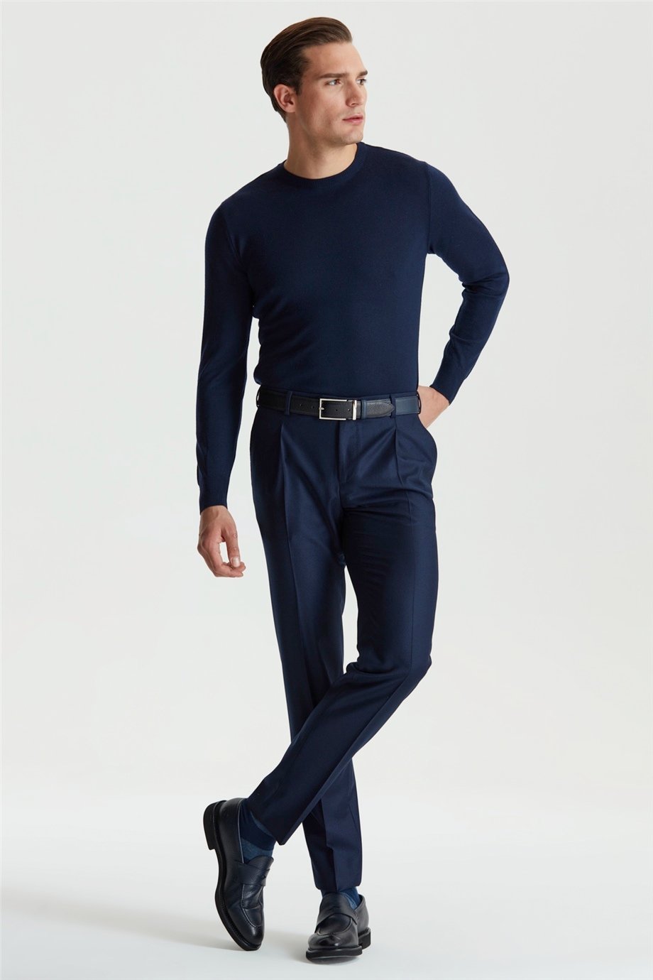 Lacivert Pileli Yün Flanel Pantolon