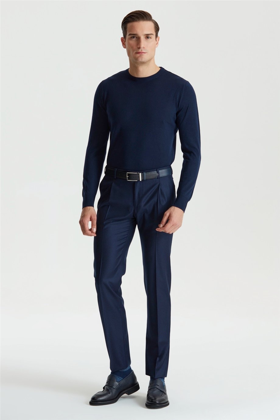 Lacivert Pileli Yün Flanel Pantolon