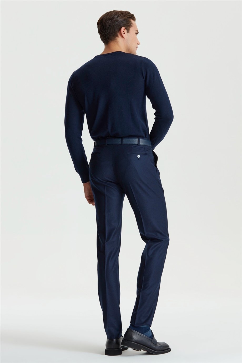 Lacivert Pileli Yün Flanel Pantolon