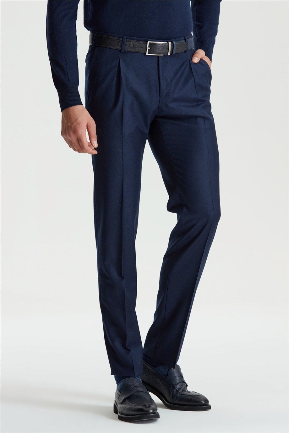 Lacivert Pileli Yün Flanel Pantolon