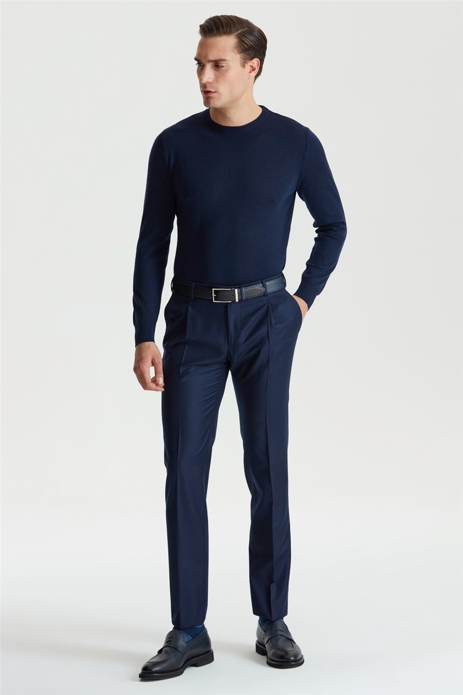 Lacivert Pileli Yün Flanel Pantolon