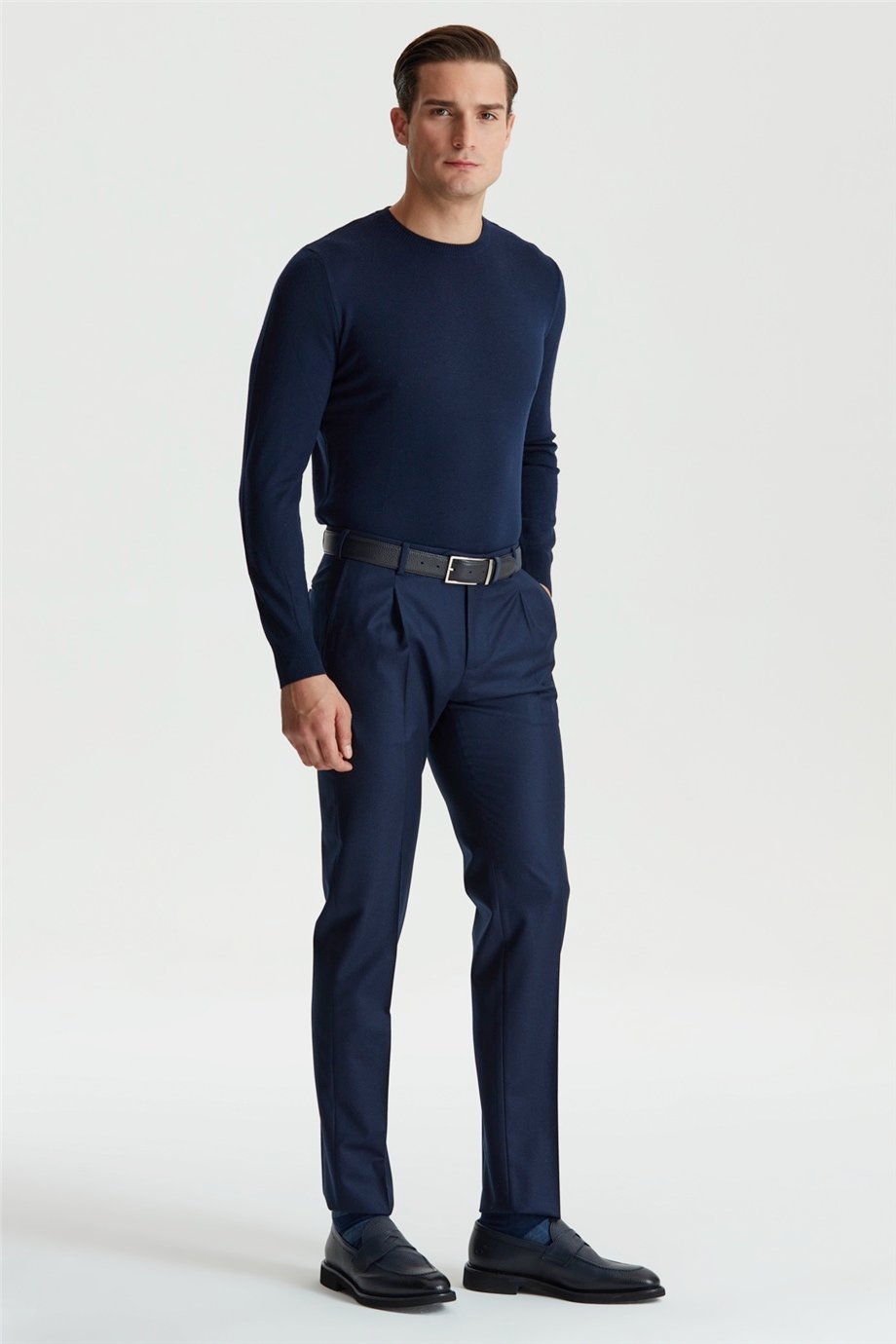 Lacivert Pileli Yün Flanel Pantolon