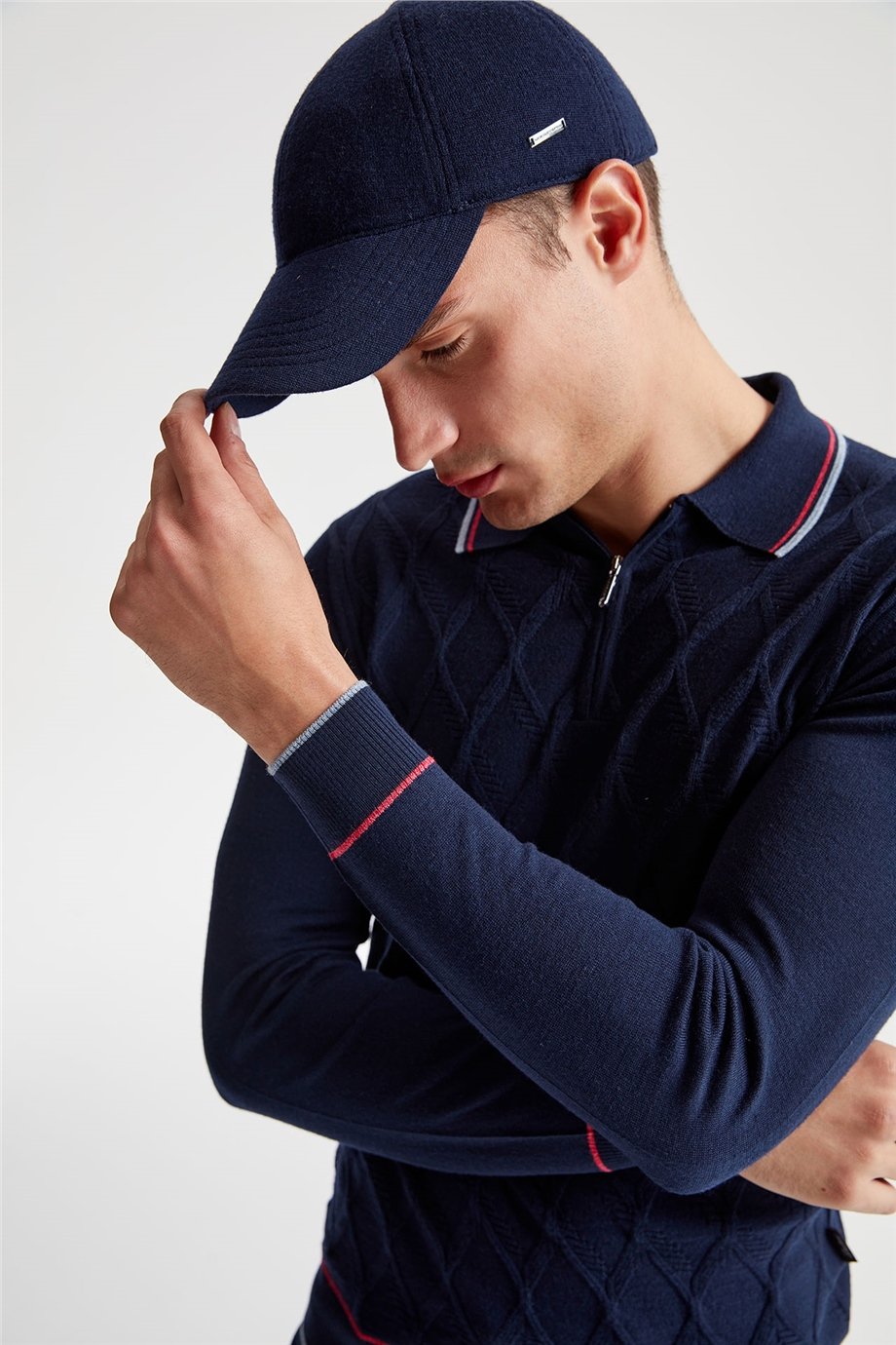 Lacivert Polo Yaka Fermuarlı Yün Triko