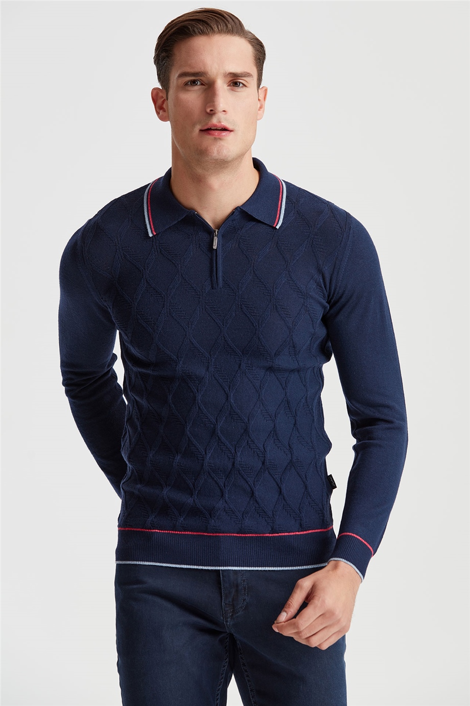 Lacivert Polo Yaka Fermuarlı Yün Triko