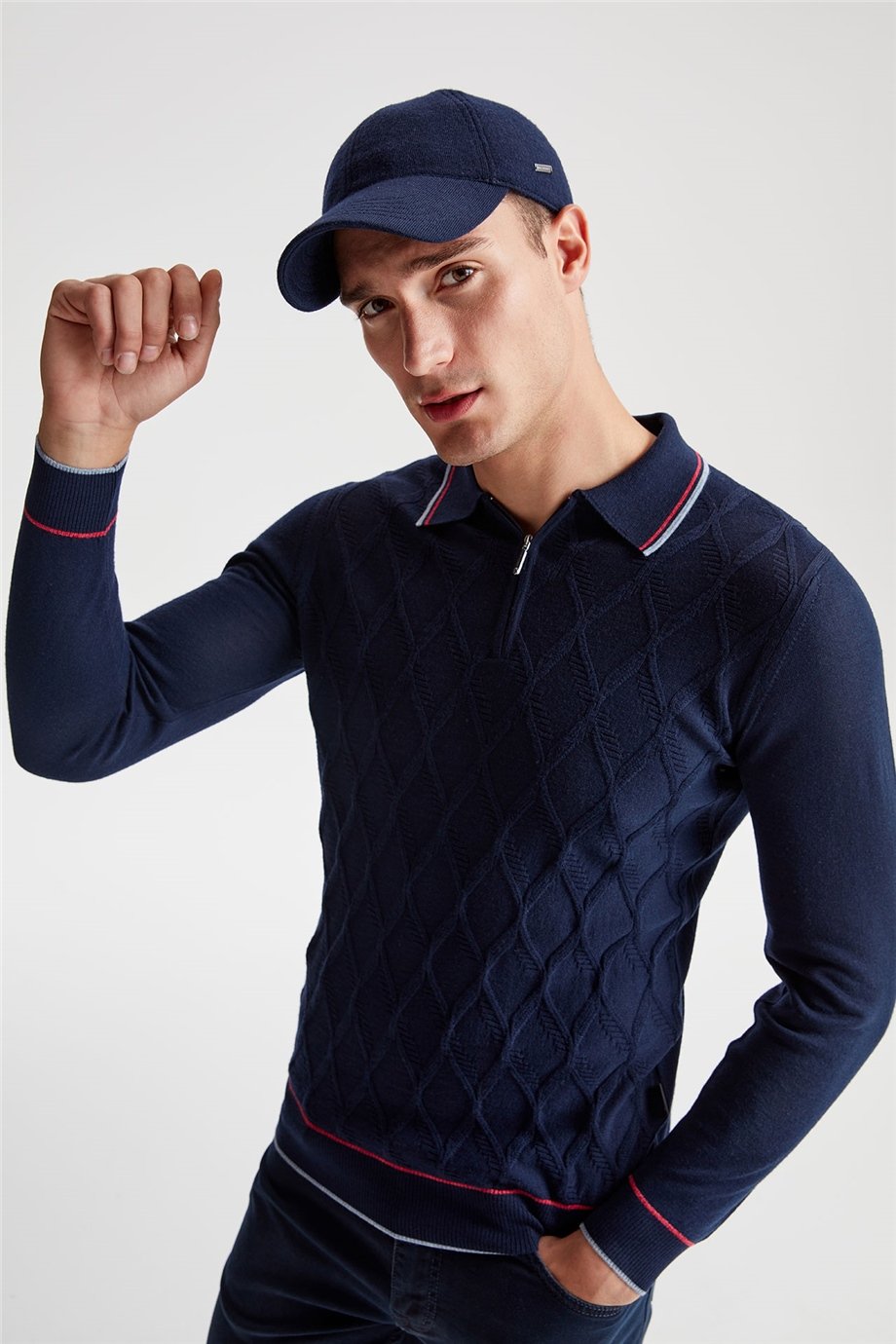 Lacivert Polo Yaka Fermuarlı Yün Triko