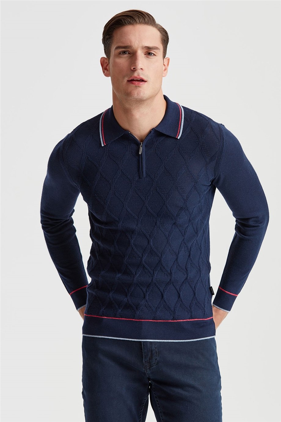 Lacivert Polo Yaka Fermuarlı Yün Triko