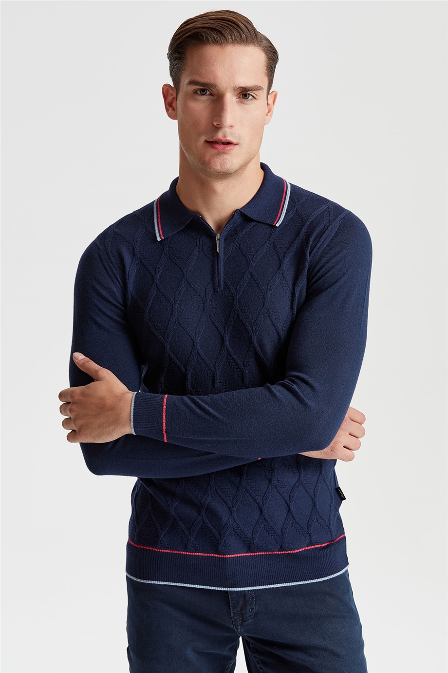 Lacivert Polo Yaka Fermuarlı Yün Triko