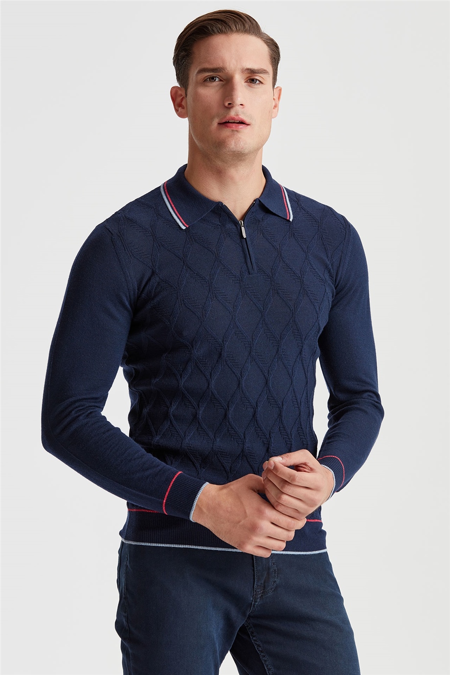 Lacivert Polo Yaka Fermuarlı Yün Triko