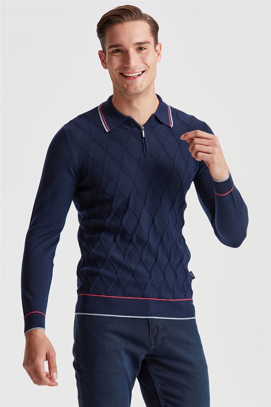 Lacivert Polo Yaka Fermuarlı Yün Triko