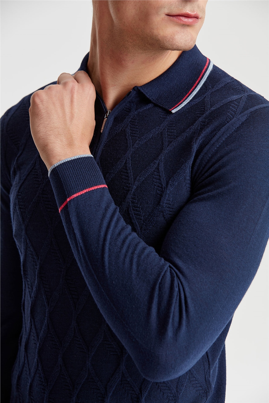 Lacivert Polo Yaka Fermuarlı Yün Triko
