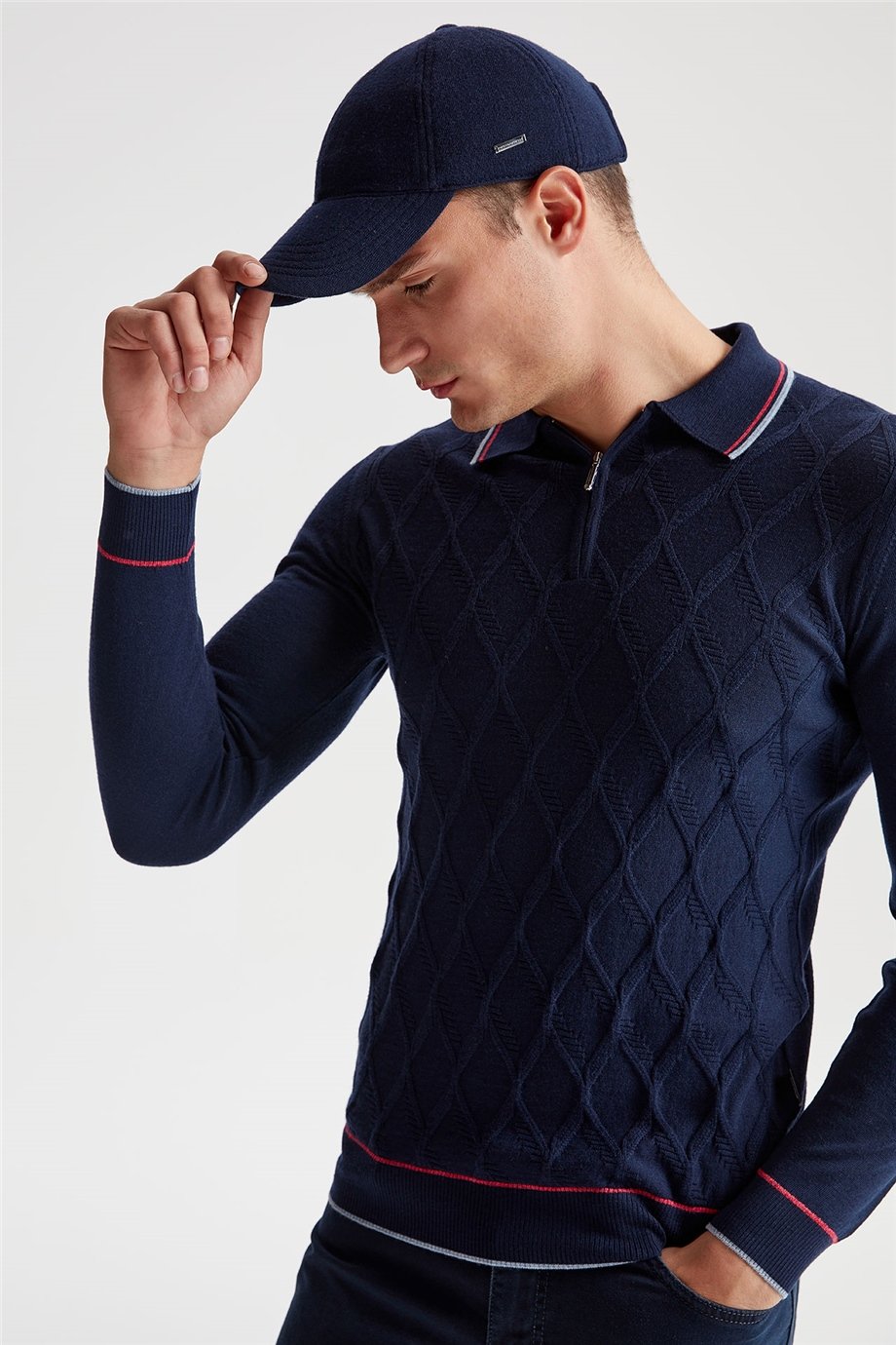 Lacivert Polo Yaka Fermuarlı Yün Triko