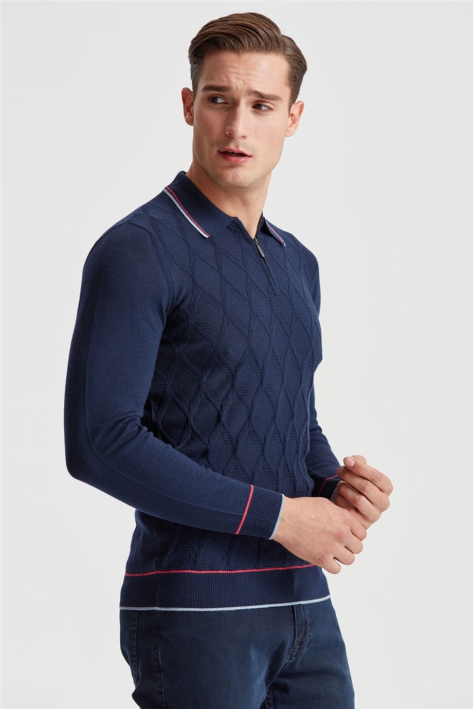 Lacivert Polo Yaka Fermuarlı Yün Triko