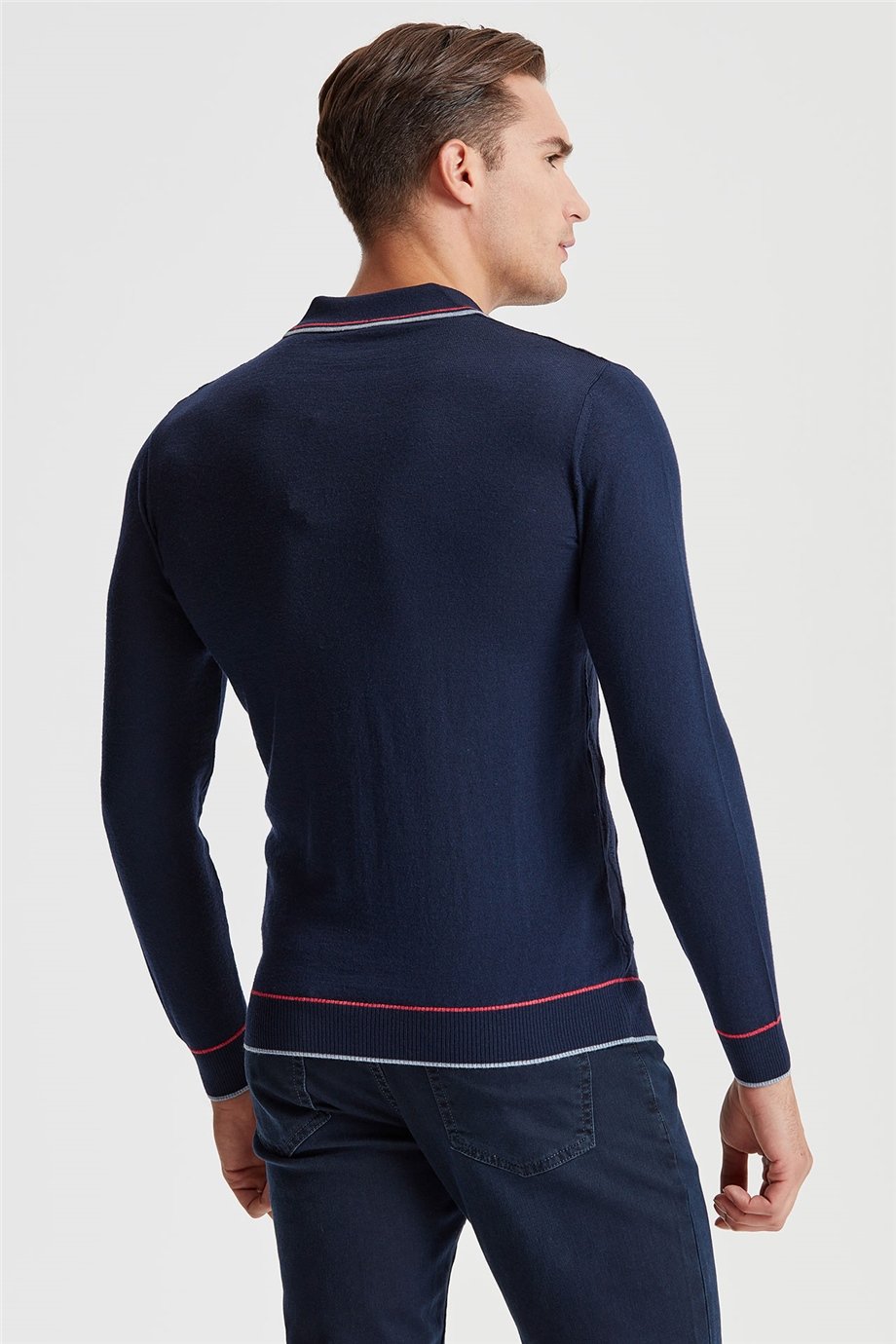 Lacivert Polo Yaka Fermuarlı Yün Triko