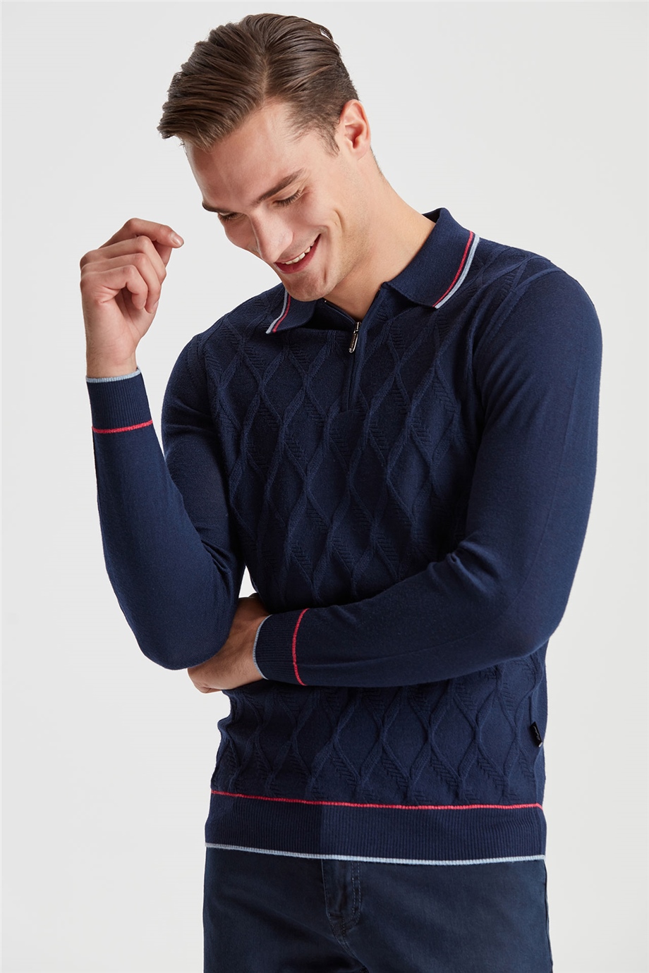 Lacivert Polo Yaka Fermuarlı Yün Triko