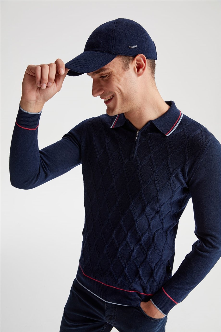 Lacivert Polo Yaka Fermuarlı Yün Triko