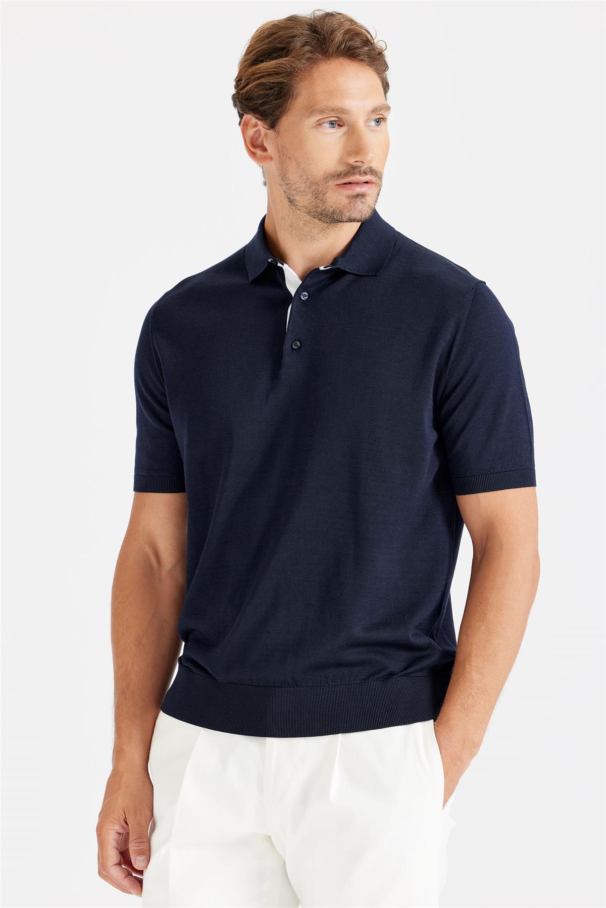 Lacivert Polo Yaka Pamuk İpek Triko