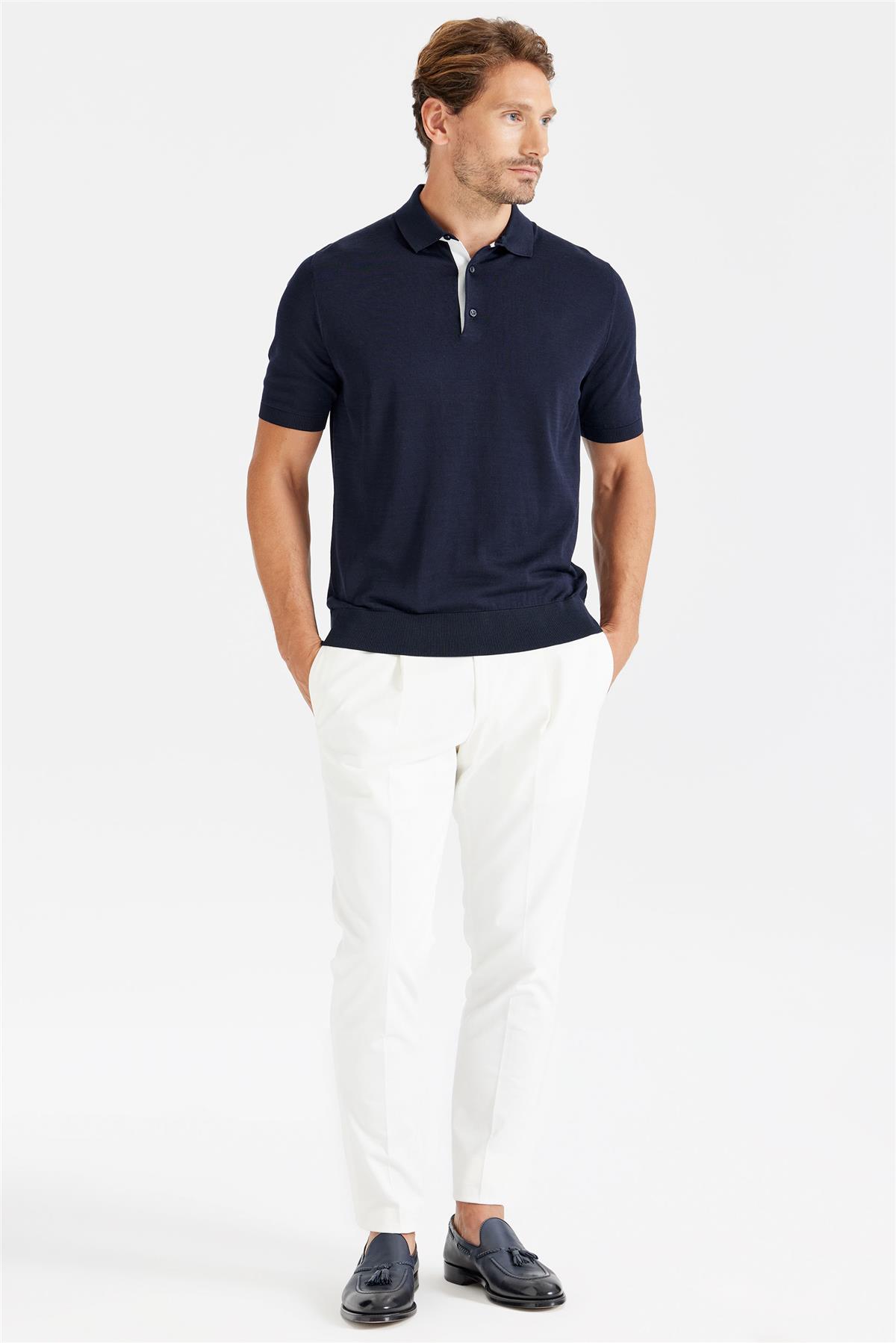 Lacivert Polo Yaka Pamuk İpek Triko