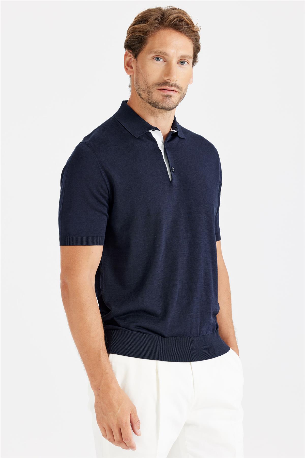 Lacivert Polo Yaka Pamuk İpek Triko