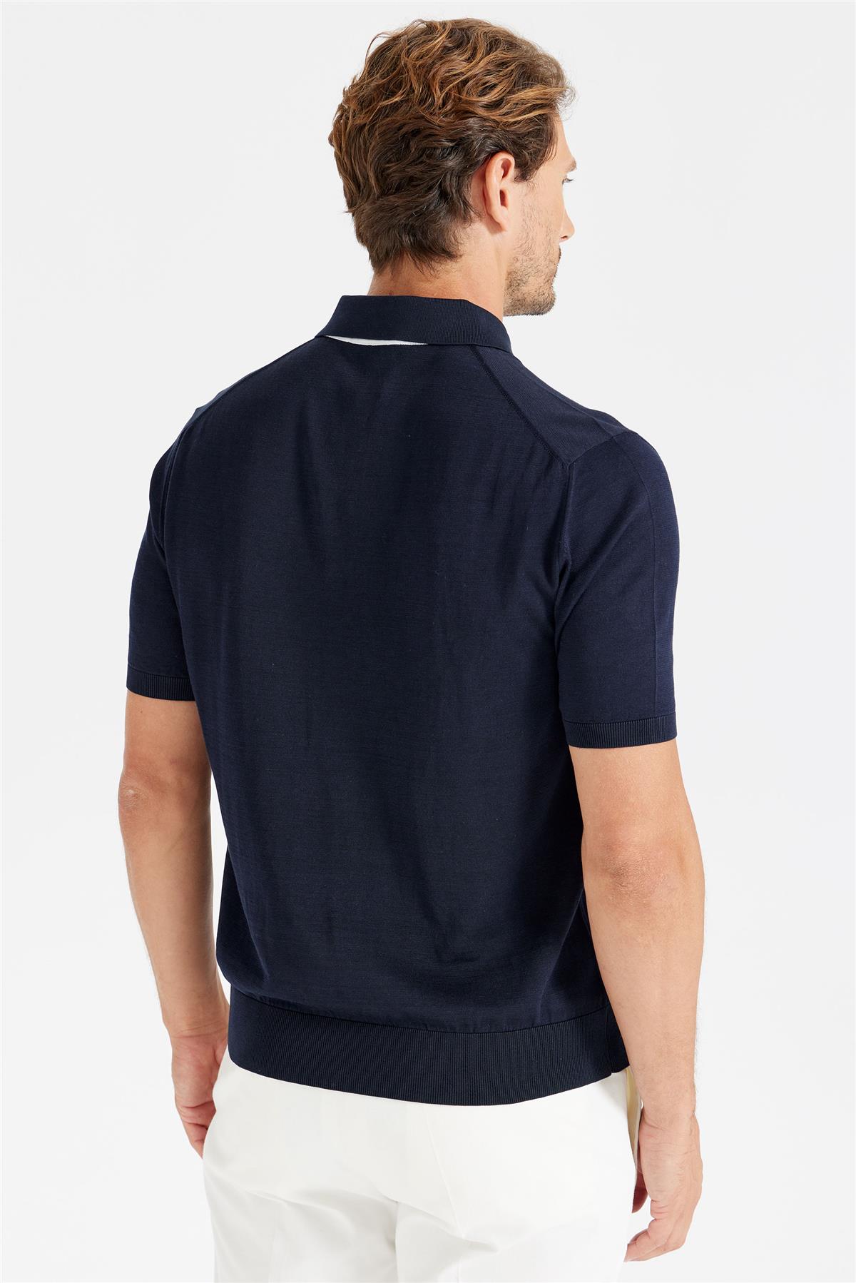 Lacivert Polo Yaka Pamuk İpek Triko