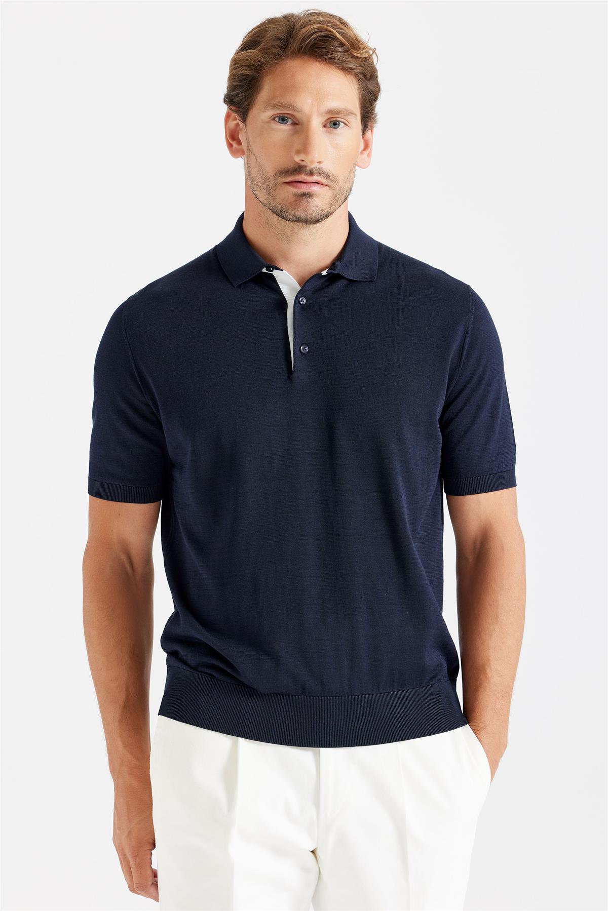 Lacivert Polo Yaka Pamuk İpek Triko