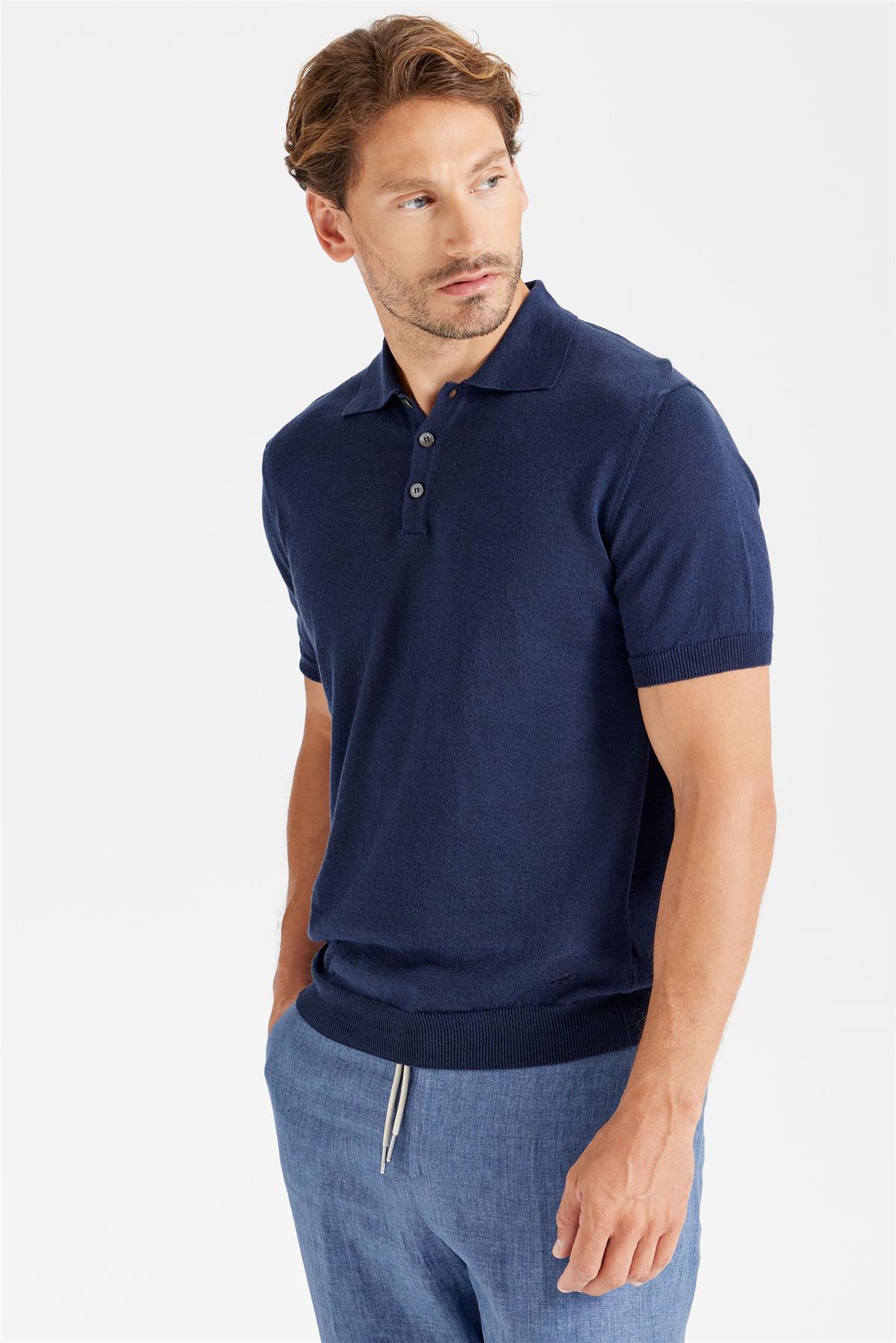 Lacivert Polo Yaka Pamuk Keten Triko