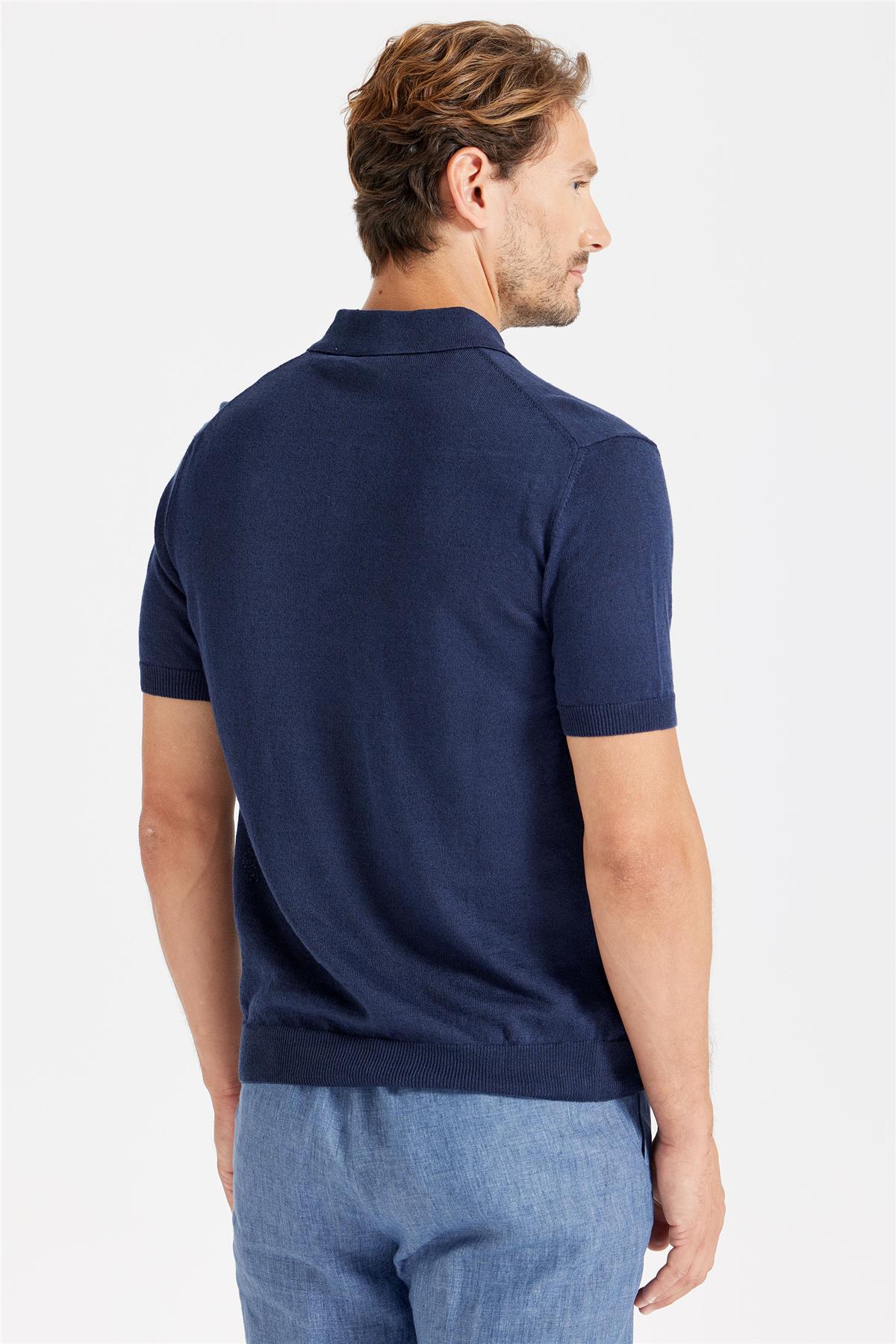 Lacivert Polo Yaka Pamuk Keten Triko