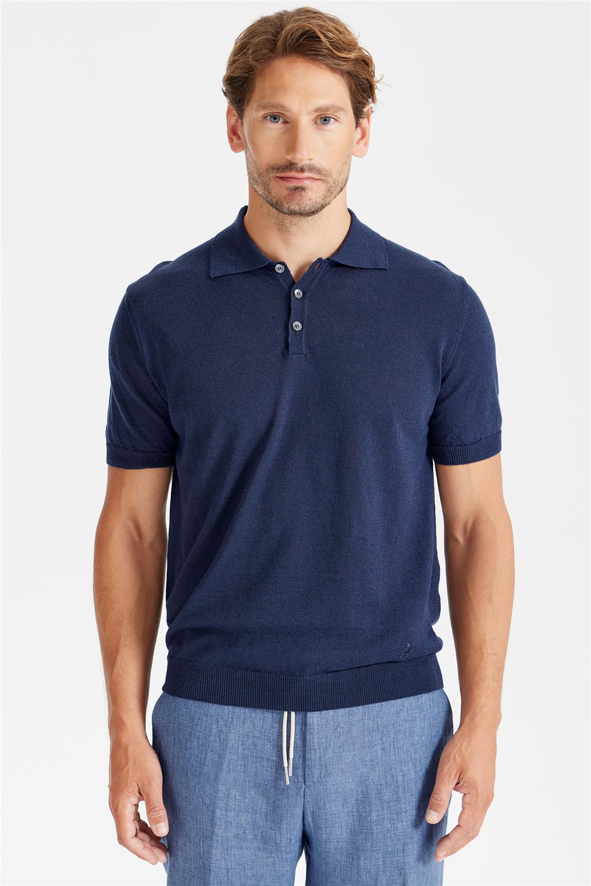 Lacivert Polo Yaka Pamuk Keten Triko