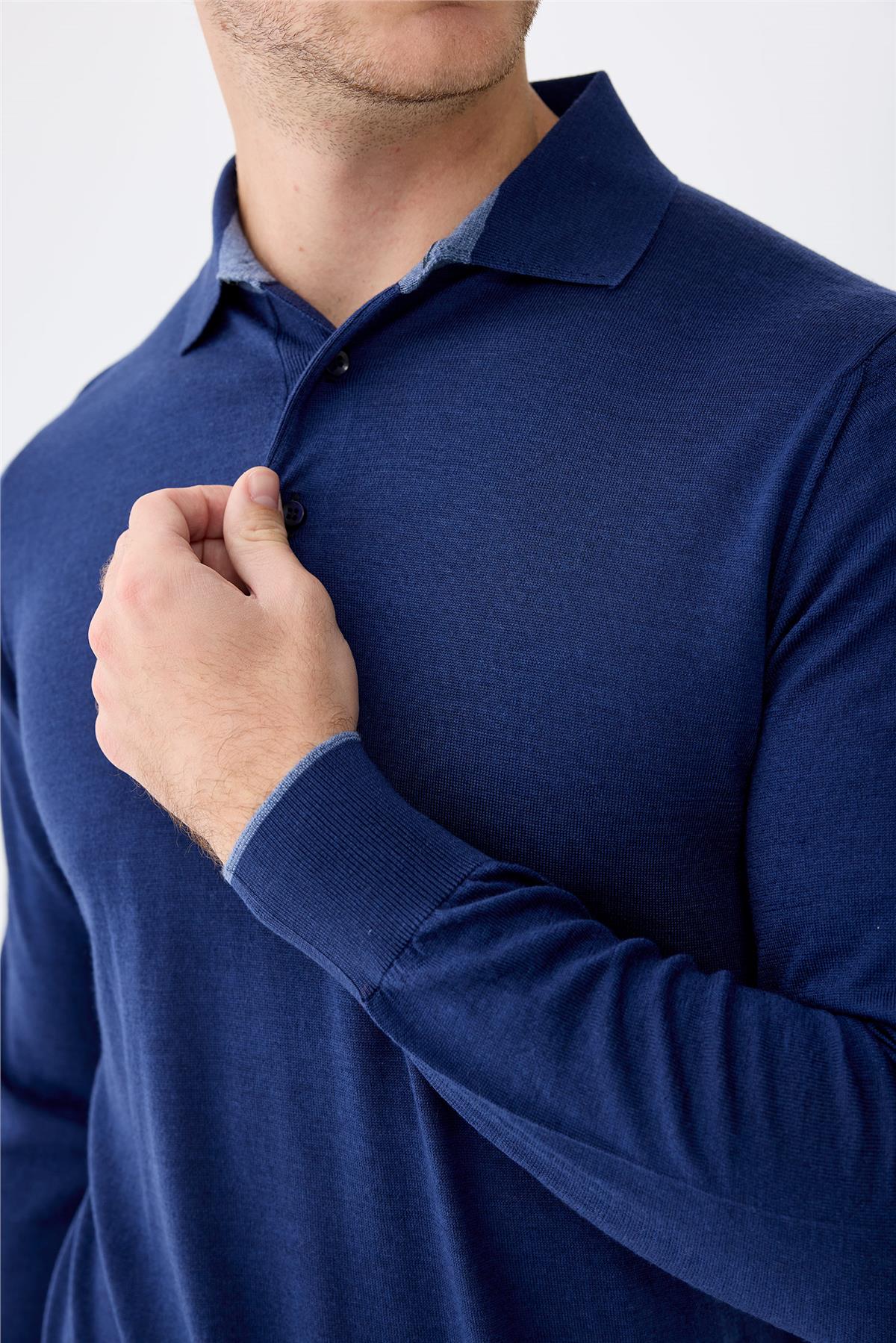 Lacivert Polo Yaka Yün İpek Kaşmir Triko