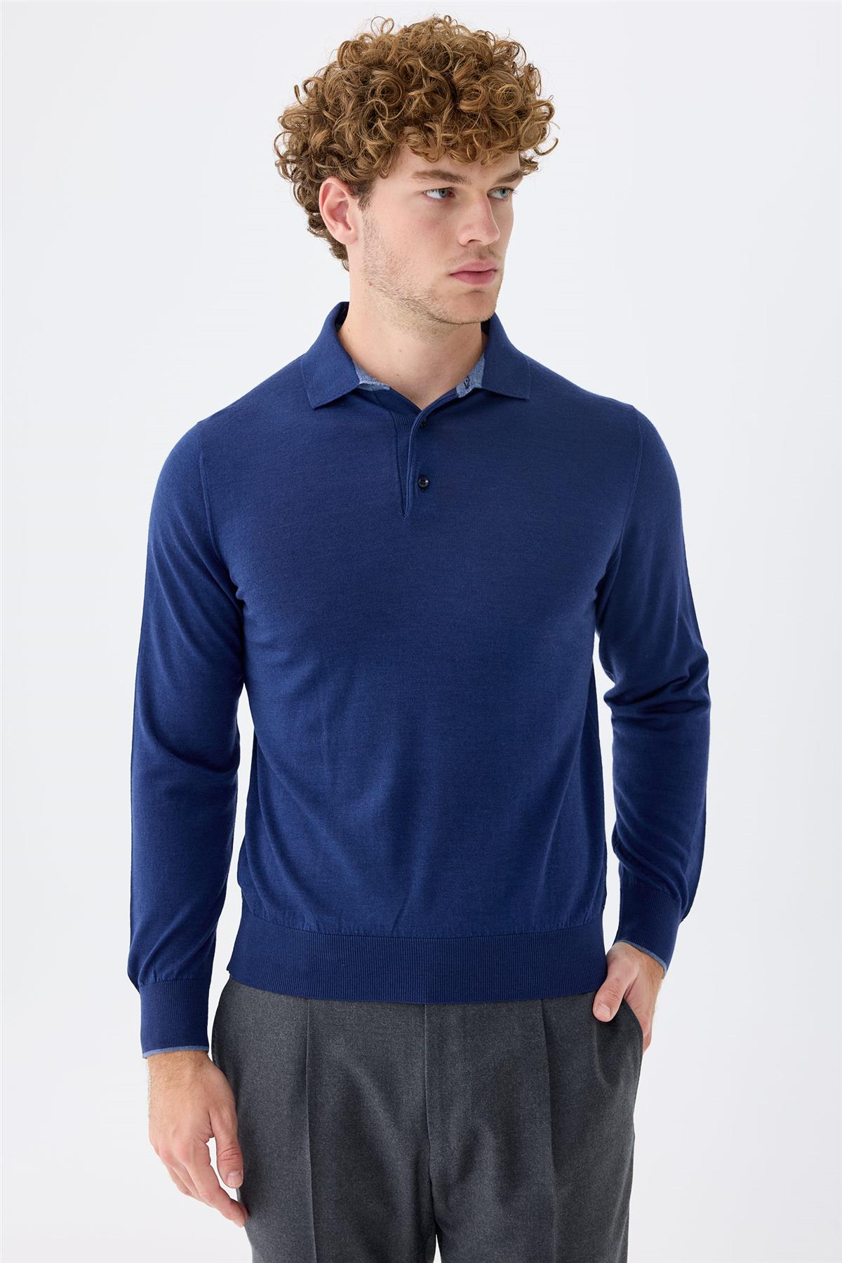 Lacivert Polo Yaka Yün İpek Kaşmir Triko