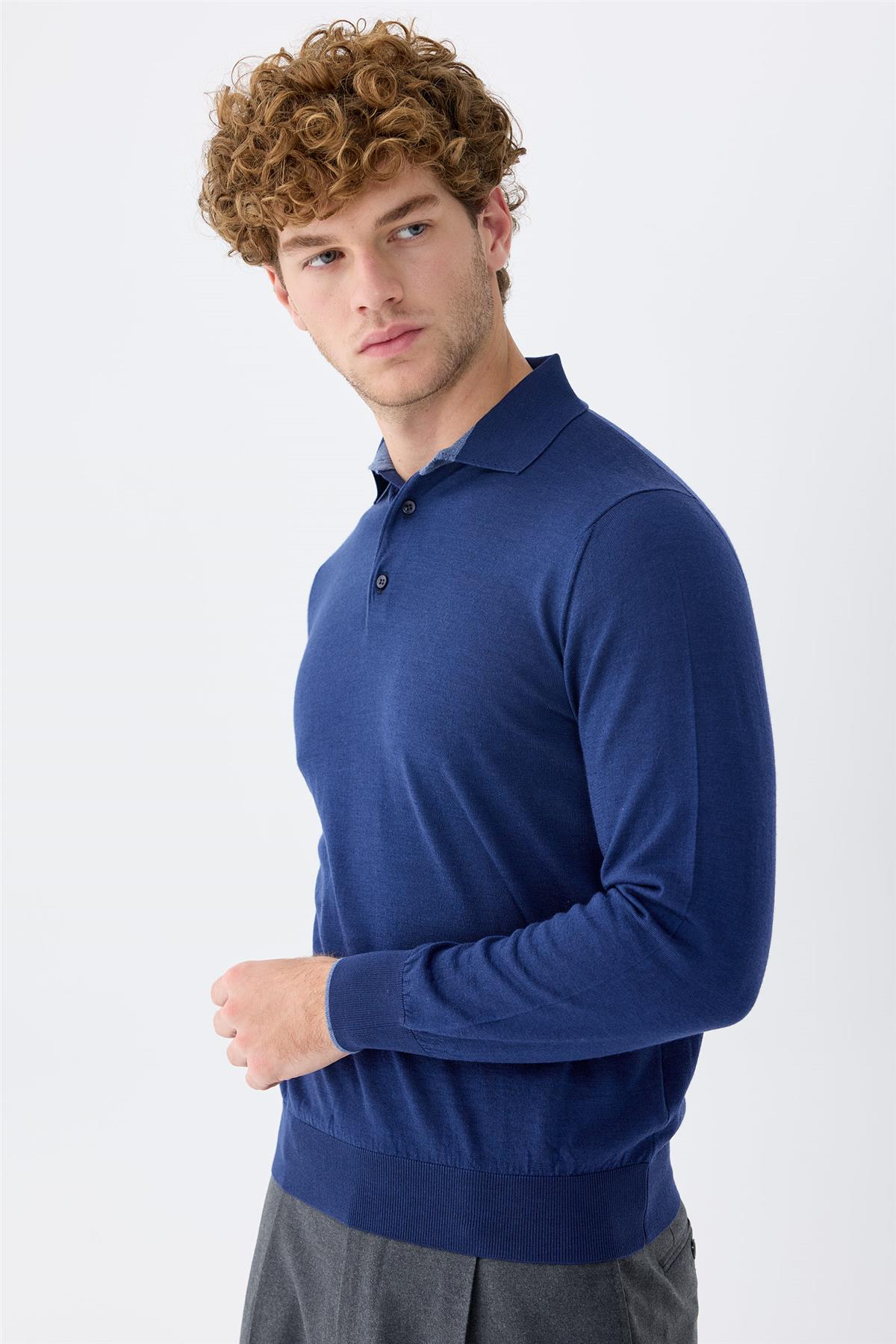 Lacivert Polo Yaka Yün İpek Kaşmir Triko