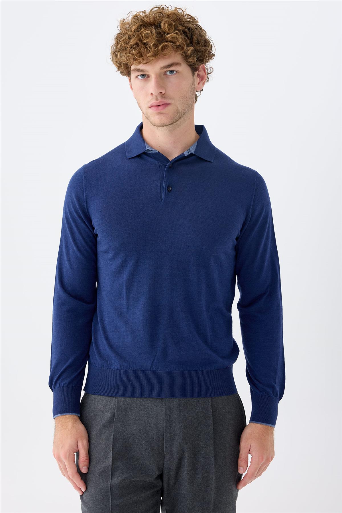 Lacivert Polo Yaka Yün İpek Kaşmir Triko