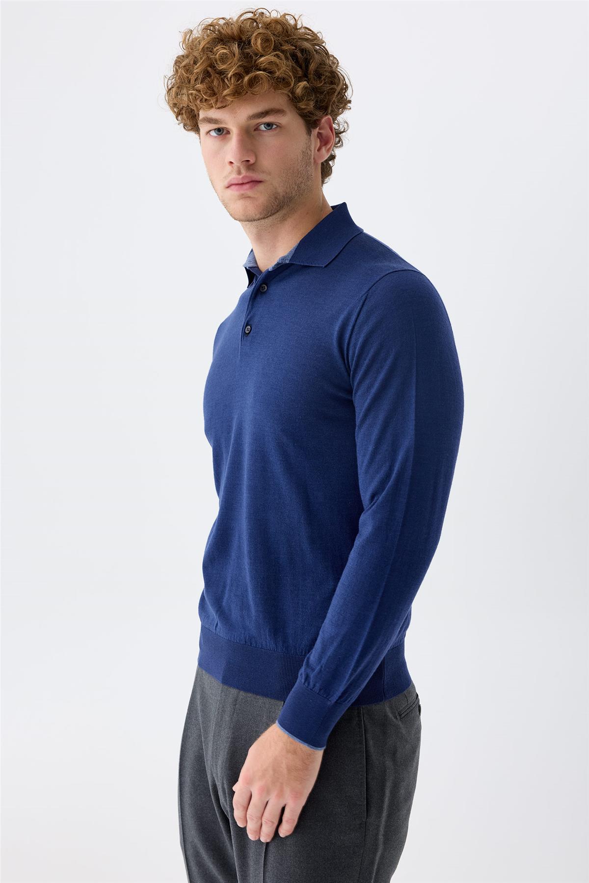 Lacivert Polo Yaka Yün İpek Kaşmir Triko