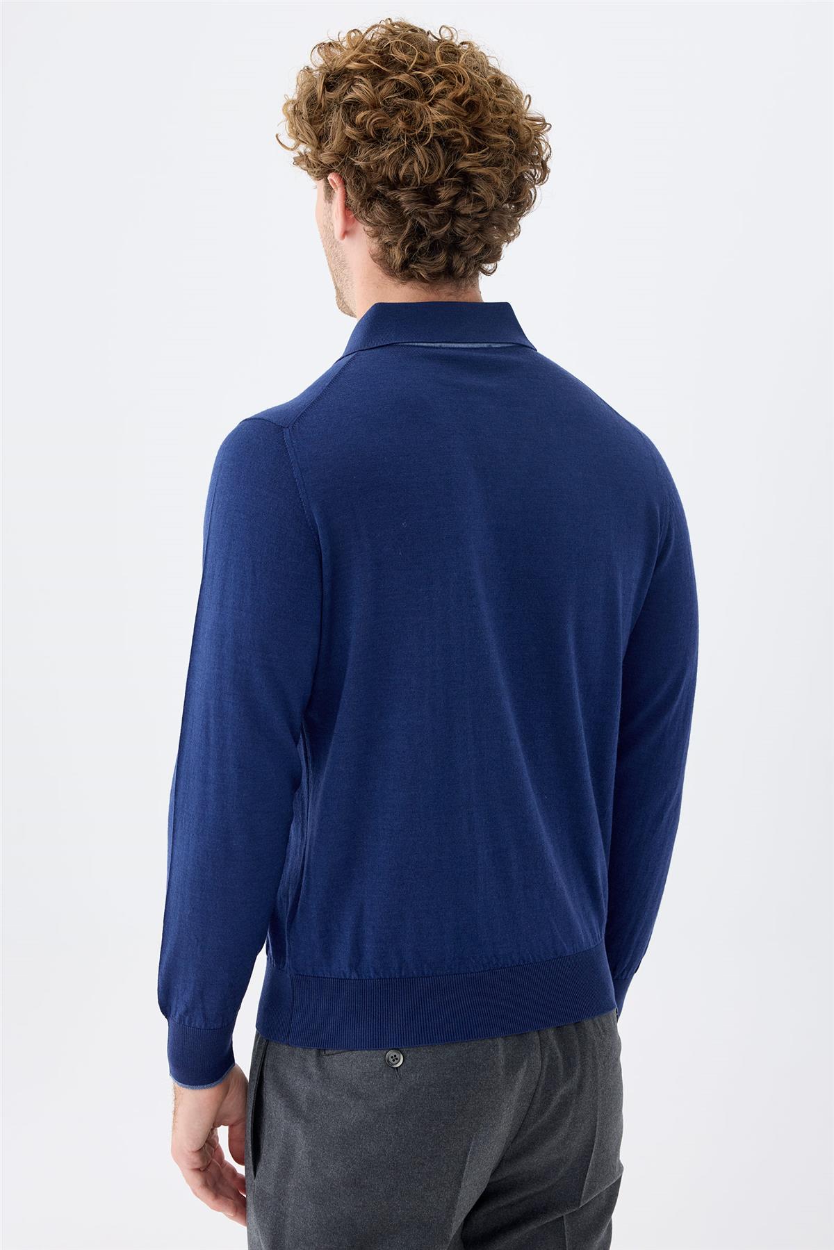 Lacivert Polo Yaka Yün İpek Kaşmir Triko
