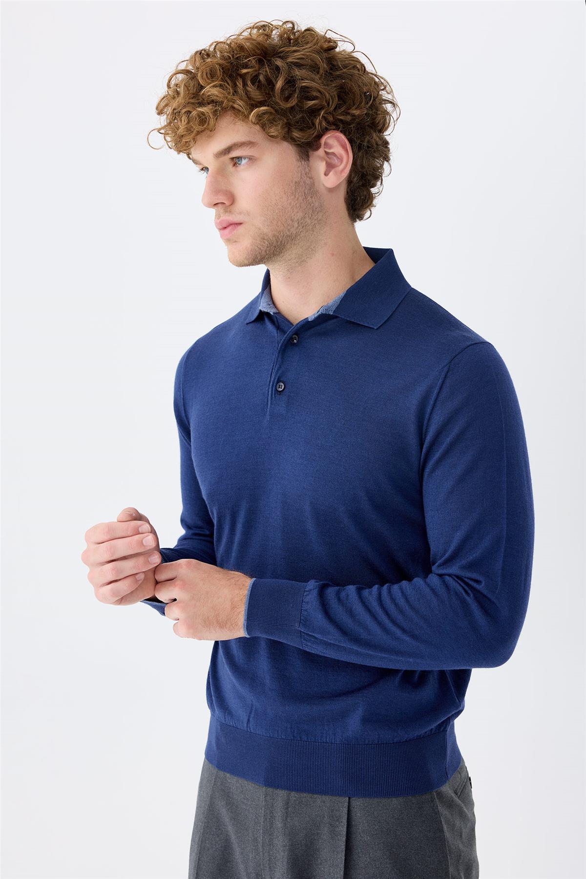 Lacivert Polo Yaka Yün İpek Kaşmir Triko