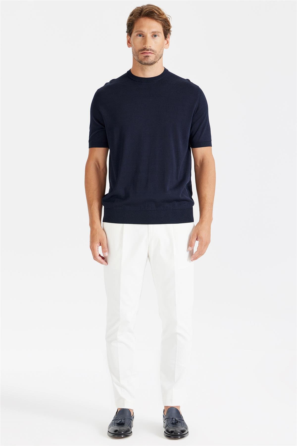 Lacivert Sıfır Yaka Pamuk İpek Triko