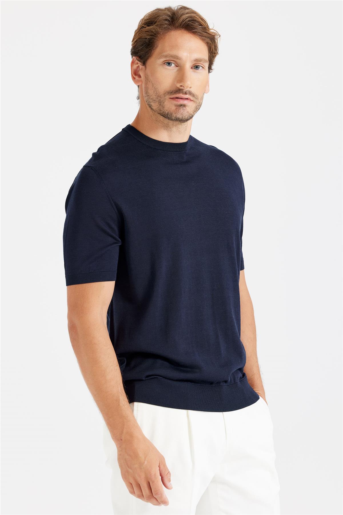 Lacivert Sıfır Yaka Pamuk İpek Triko