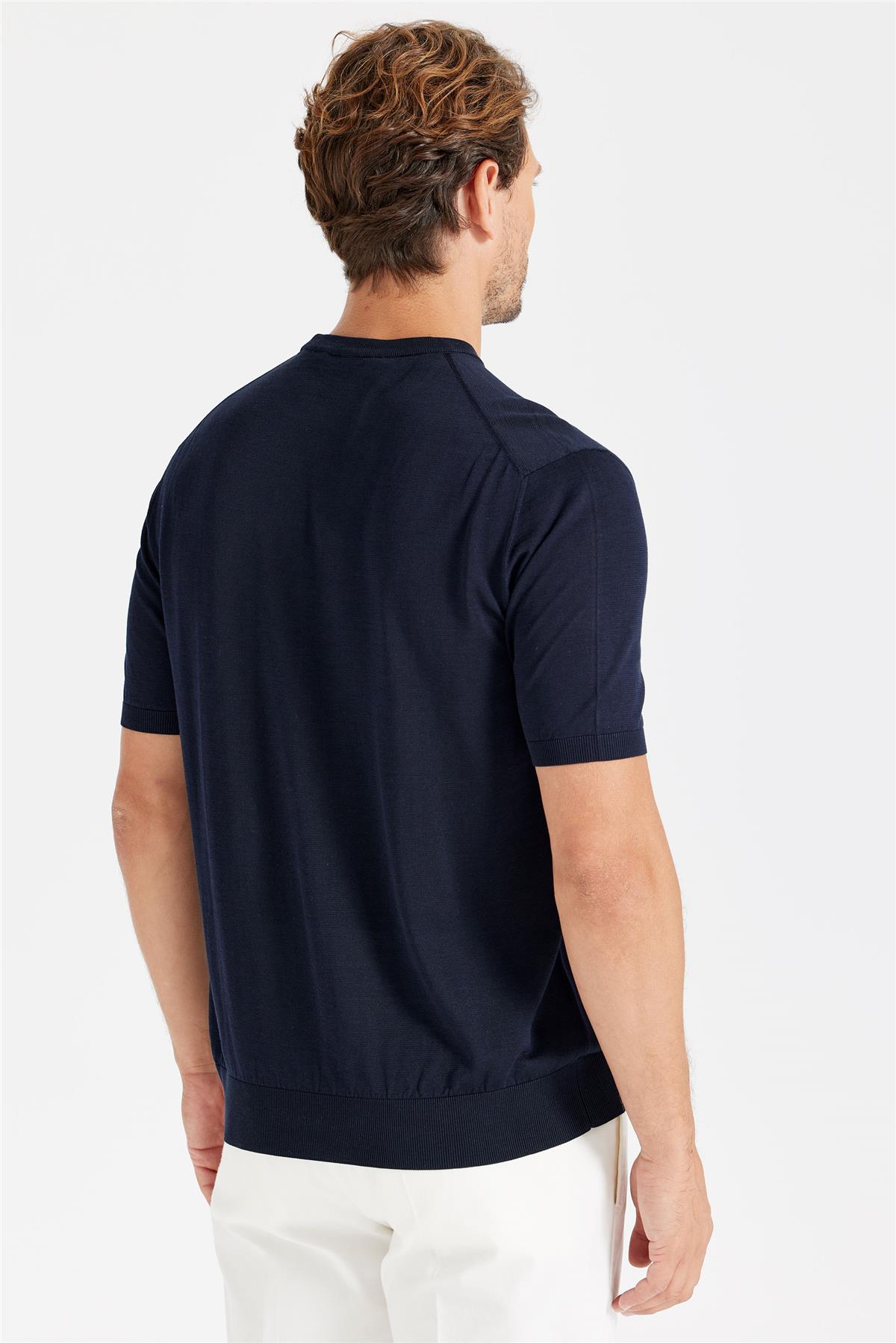 Lacivert Sıfır Yaka Pamuk İpek Triko